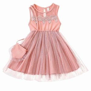 Kid girls lace floral mesh casual formal sleeveless dress and small body bag set